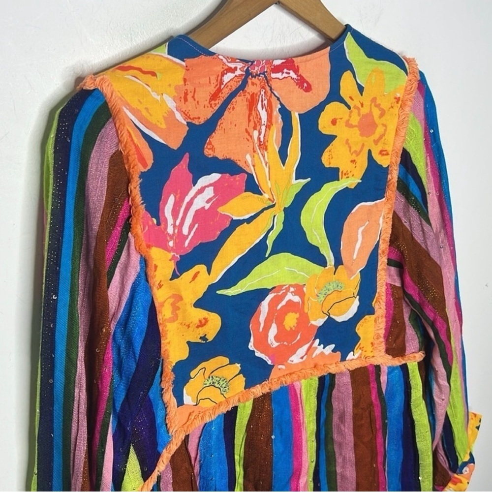 Anthropologie Verb Pallavi Singhee Floral Striped Beaded Boho Babydoll Blouse - Picture 4 of 11